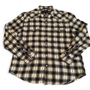 Lucky Brand Pearl Snap Western Long Sleeve Button Up XL Flannel Black And Cream